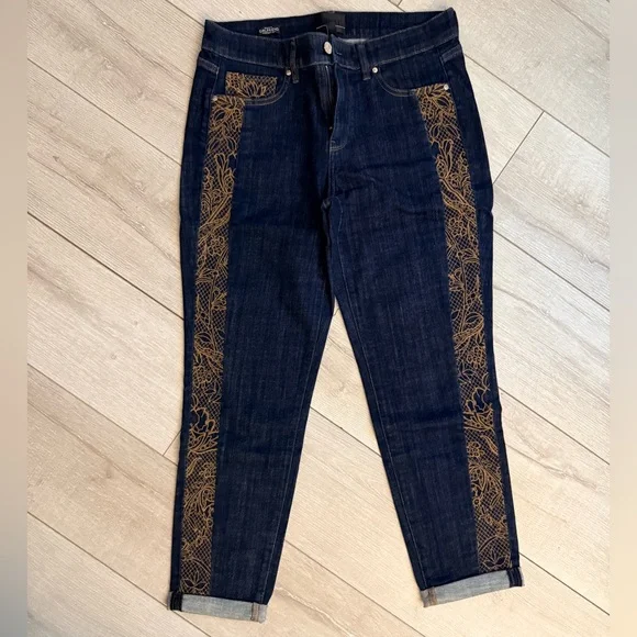 White House Black Market Dark Blue Jeans with Gold Embroidery - Picture 3 of 8